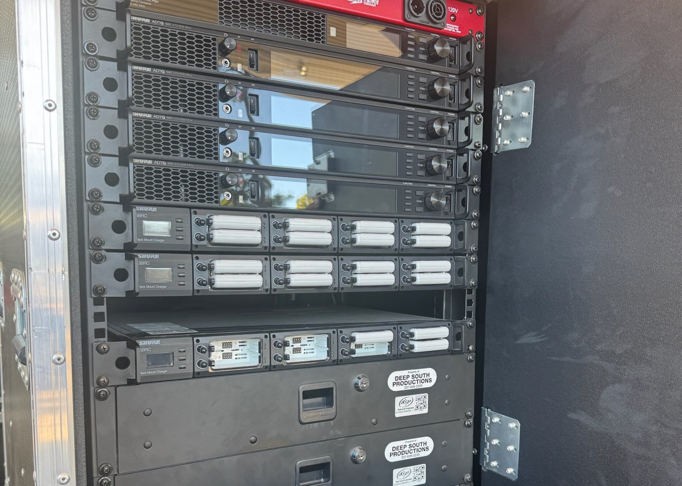 Amp rack road case detail in the Deep South Productions warehouse
