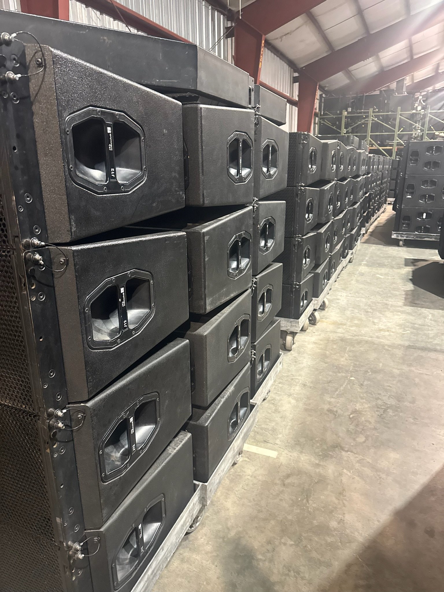 Road cases staged in the Deep South Productions warehouse