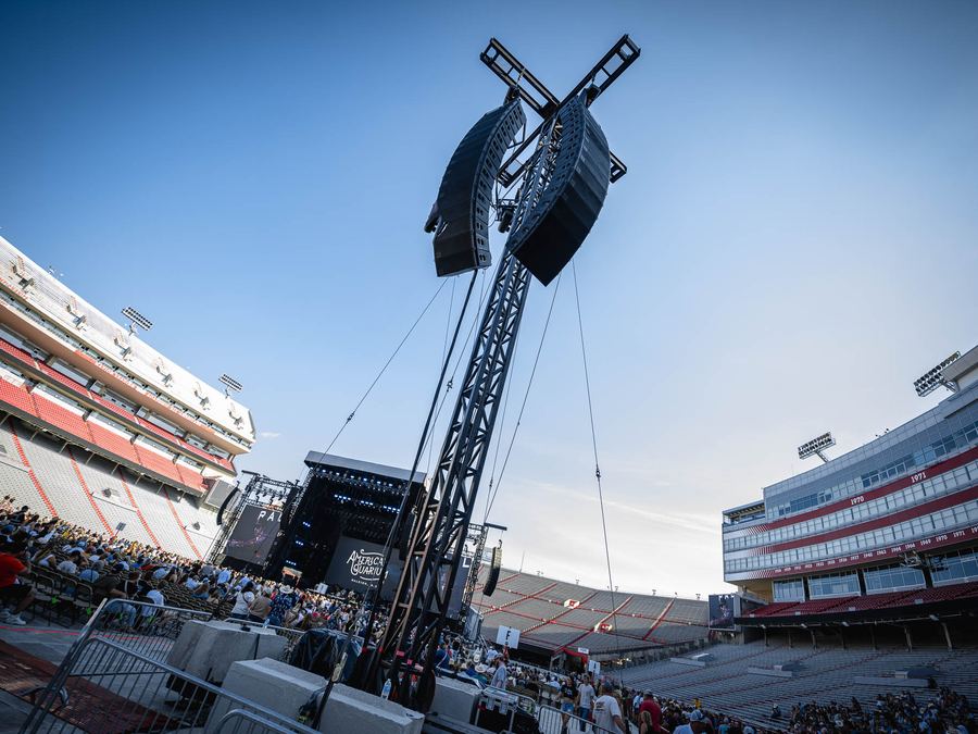 Line array flown against the sky