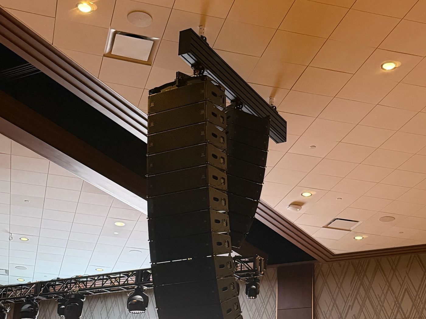 Line array flown in a ballroom