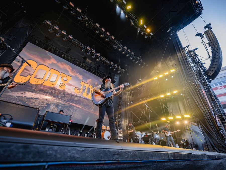 Main stage lighting rig at dusk