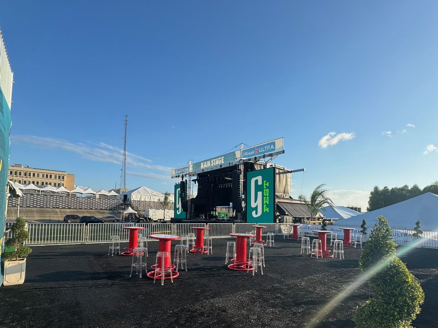 Festival site build at Gretna Fest, stage and barricade in place