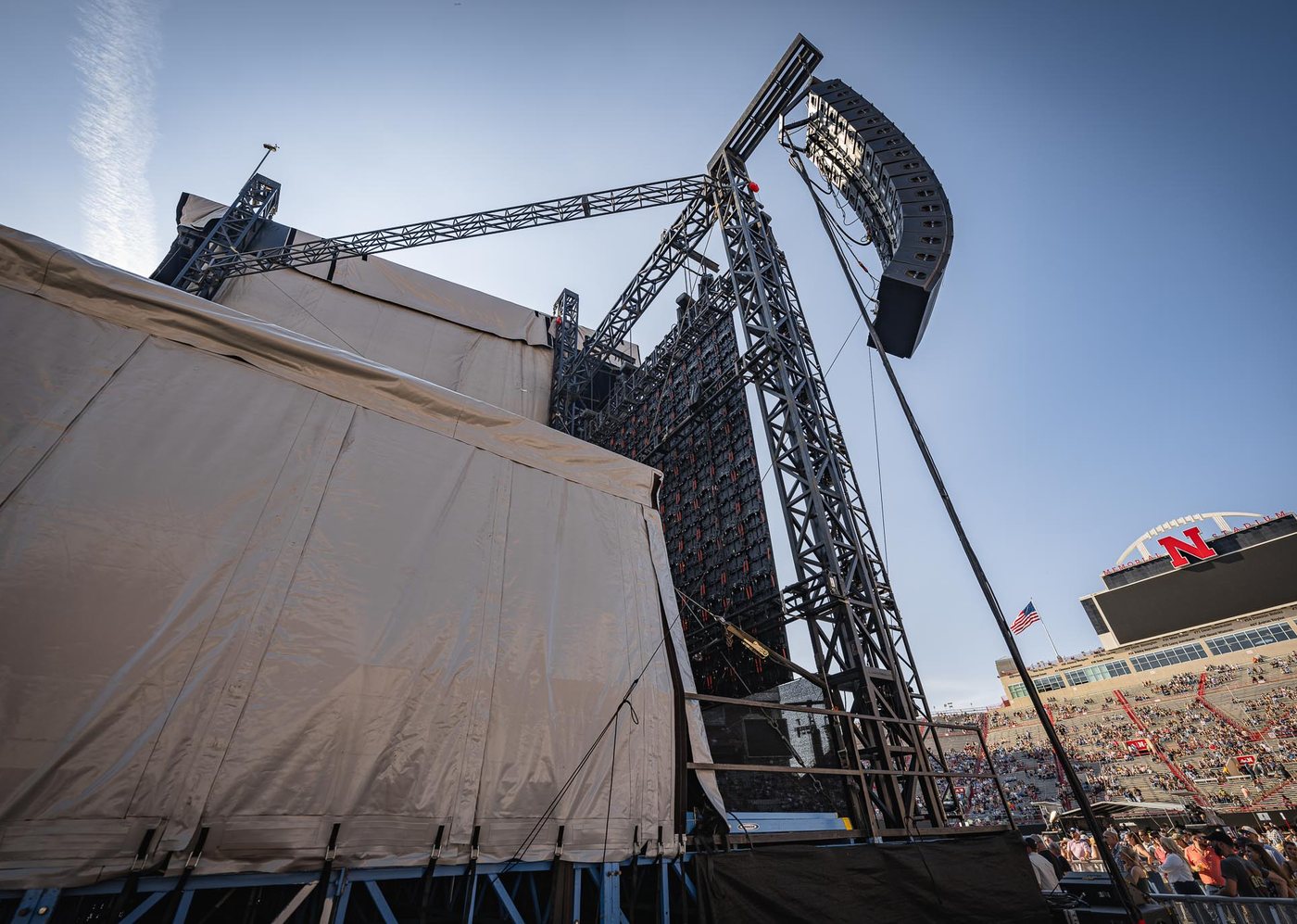 Rigging crew working overhead during load-in, Deep South Productions