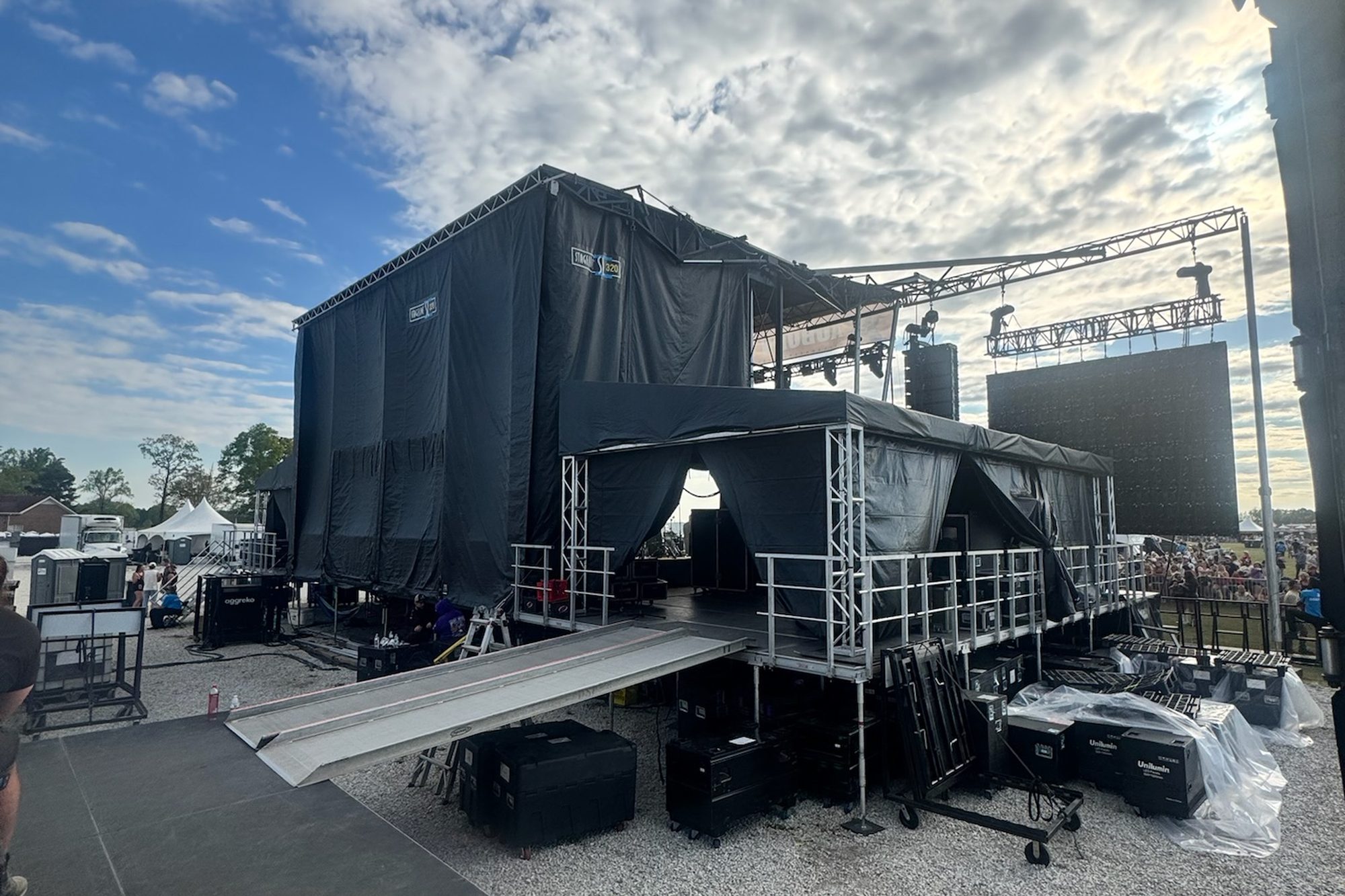 Stage deck load-in at a stadium build, Deep South Productions